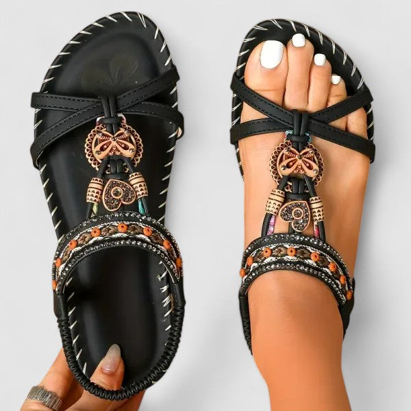 Boho Beaded Flat Sandals with Elastic Ankle Strap