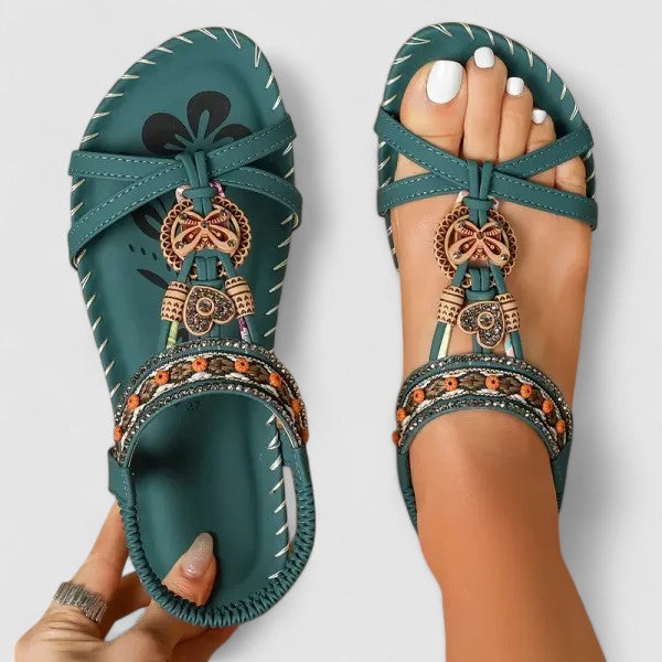 Boho Beaded Flat Sandals with Elastic Ankle Strap