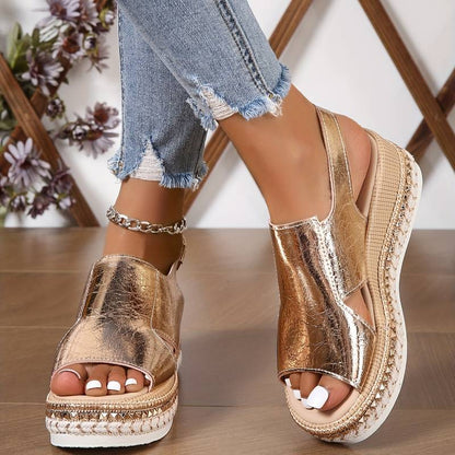 Metallic Platform Wedge Sandals with Buckle Strap