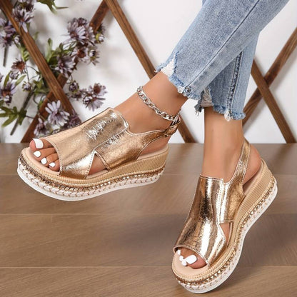 Metallic Platform Wedge Sandals with Buckle Strap