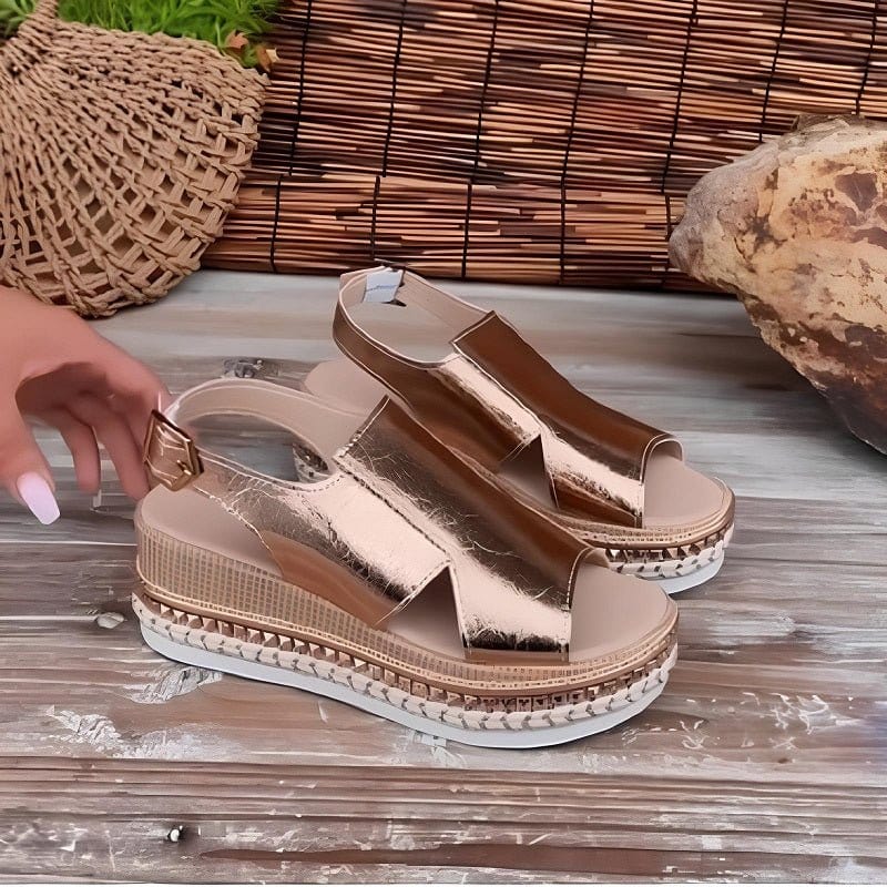 Metallic Platform Wedge Sandals with Buckle Strap