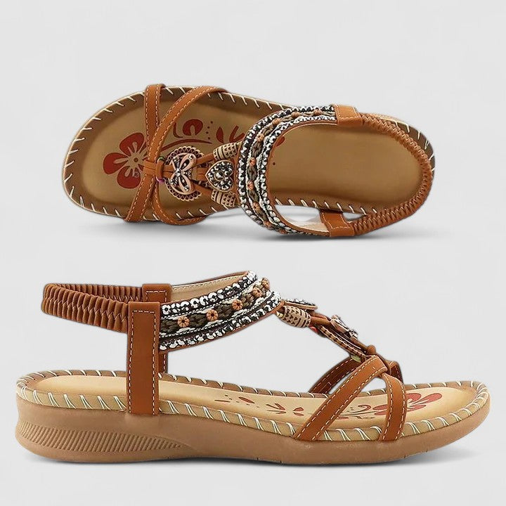 Boho Beaded Flat Sandals with Elastic Ankle Strap
