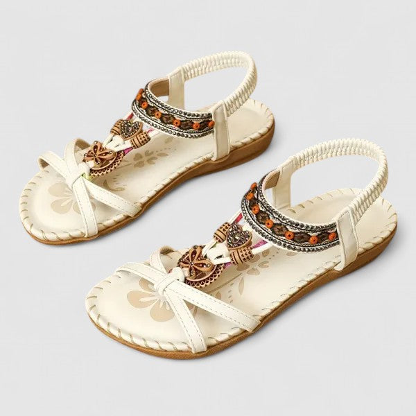 Boho Beaded Flat Sandals with Elastic Ankle Strap